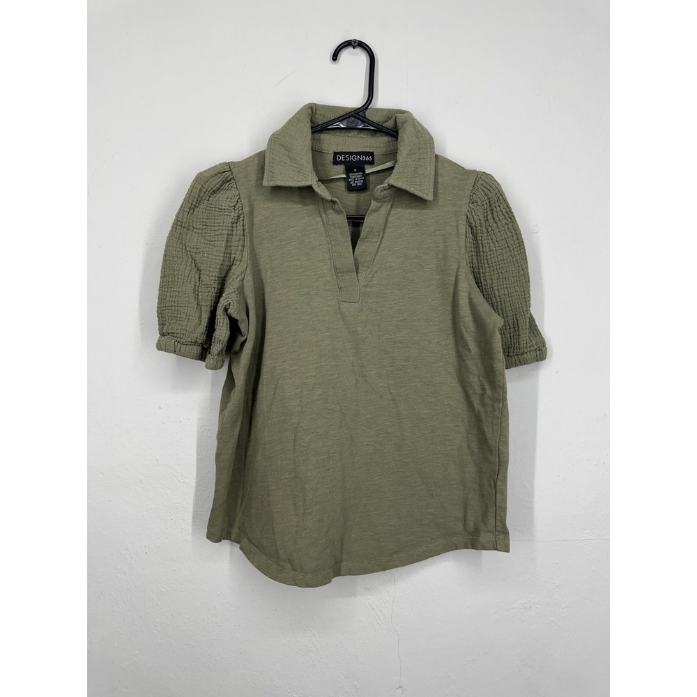 Natural Fibers 100% Cotton Gauze Olive SMALL Top Ruched Puff Sleeve Knit Shirt
